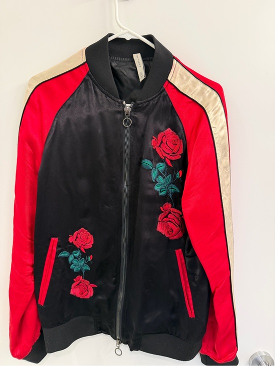 Zara Other - Zara Black, Red and Cream Rose-Embroidered Bomber Jacket
